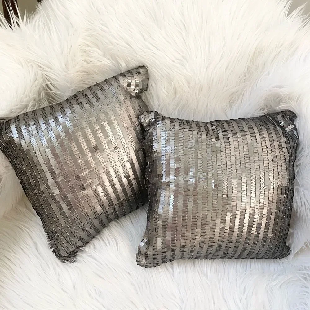 Set of two small square bronze sequins pillows